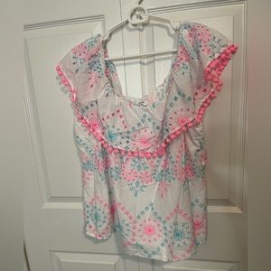 Crown & Ivy Blue and Pink Ruffled Sleeveless Blouse